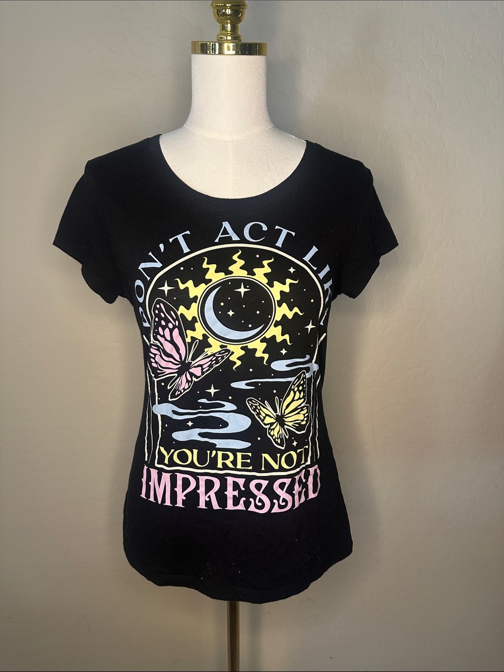 Wound Up Black Tee with Pastel Butterfly & Moon Graphic
